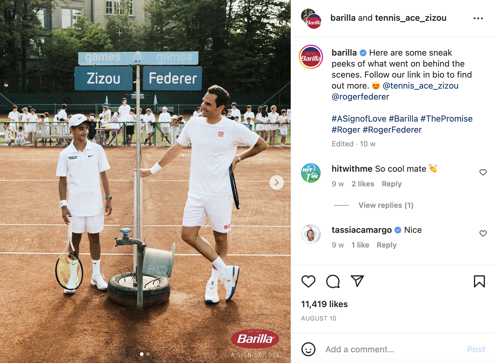 Le sport et les réseaux sociaux : Roger Federer pour Barilla
