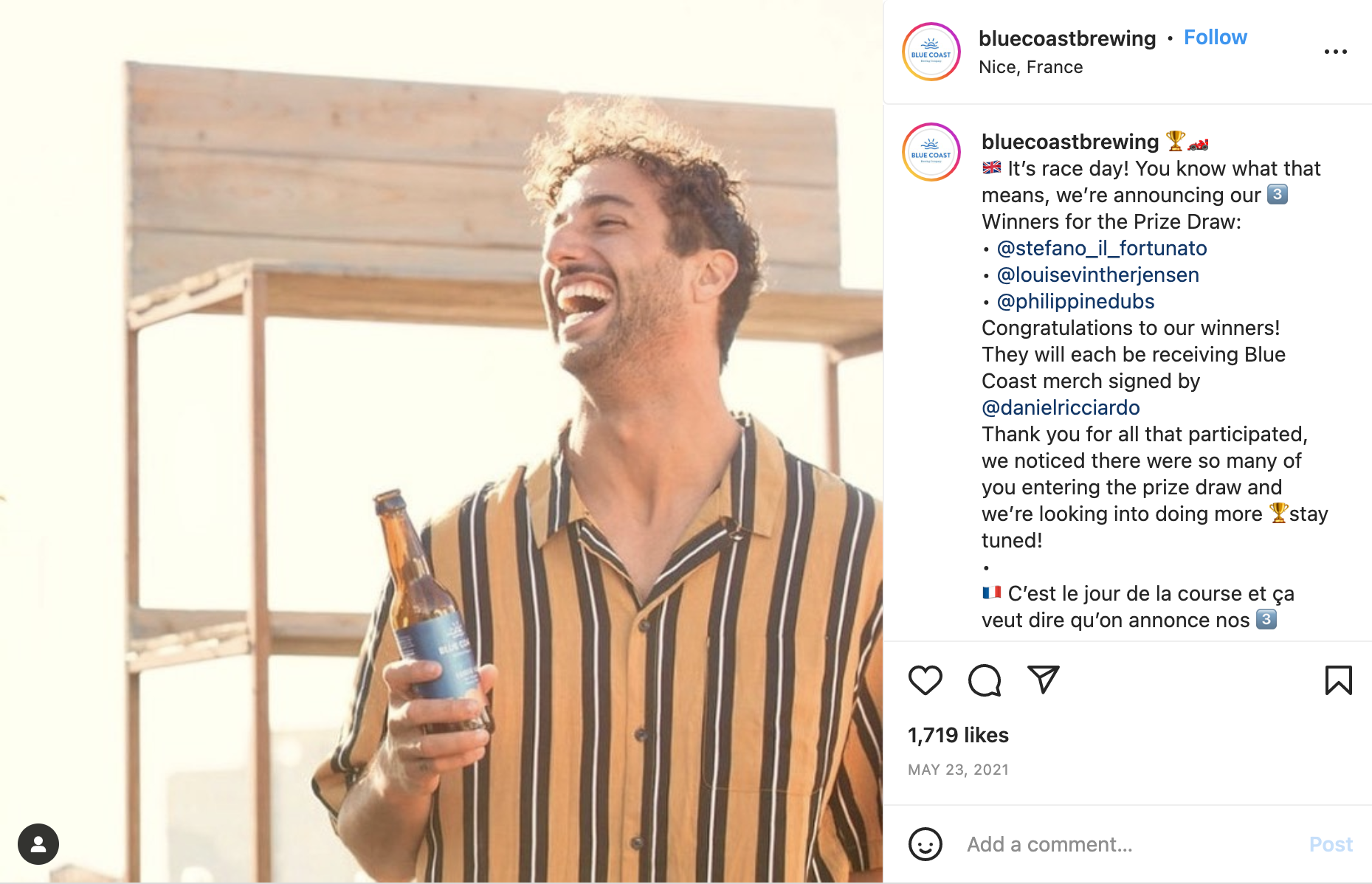 Sport et réseaux sociaux : Daniel Ricciardo pour Blue Coast Brewing